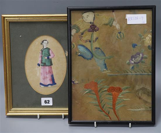 A Chinese embroidered silk panel and a pith painting largest 30 x 21cm